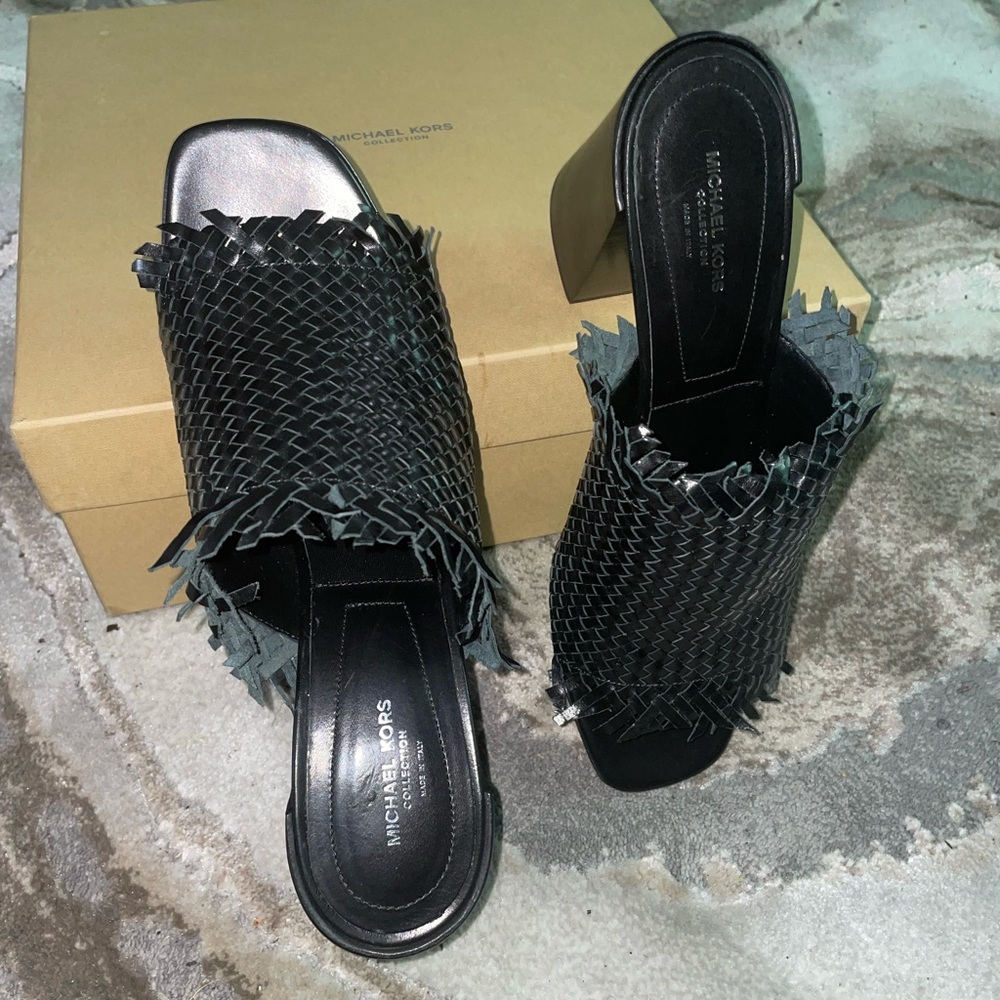 Michael Kors Collection Black Woven chunky heel mules